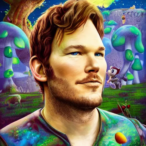 Image similar to a realistic portrait chris pratt as super mario running in a field of mushrooms by android jones