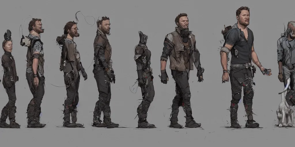 Image similar to cartoonish chris pratt walking five dogs, character sheet, fine details, concept design, contrast, kim jung gi, greg rutkowski, trending on artstation, 8 k, full body, turnaround, front view, back view, ultra wide angle