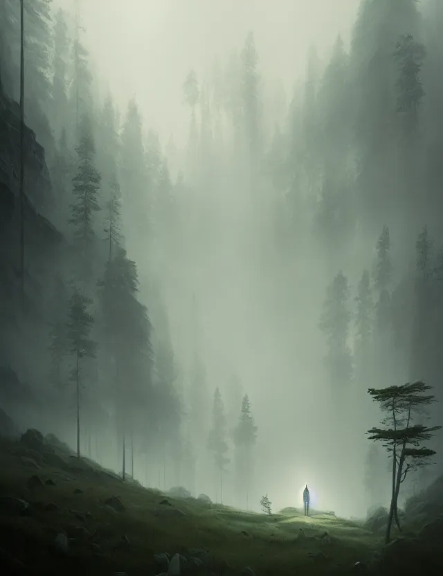 Prompt: hyperreality, mountains and forest stretching into the distance, fog, louise parker, tony's art,, greg rutkowski