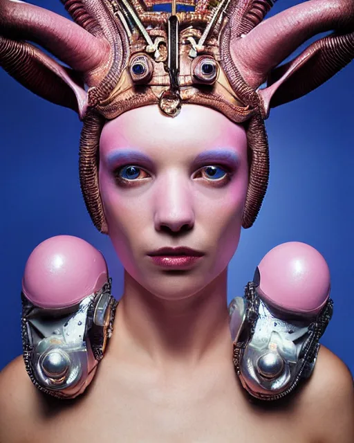 Image similar to natural light, soft focus portrait of a cyberpunk anthropomorphic goat with soft synthetic pink skin, blue bioluminescent plastics, smooth shiny metal, elaborate ornate head piece, piercings, skin textures, by annie leibovitz, paul lehr