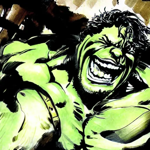 Prompt: Yoji Shinkawa drawing of The Hulk eating a bike