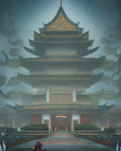 Image similar to tang dynasty palace by peter mohrbacher and dan mumford and nekro, cgsociety, volumetric light, 3 d render