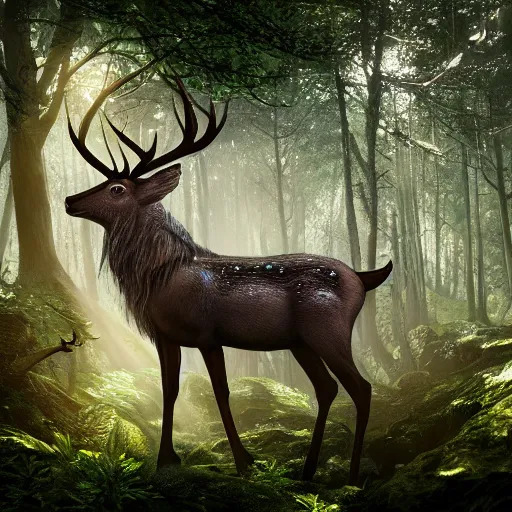 Prompt: photography of an hyper realistic elven, celestial highly detailed stag, in a magical highly detailed forest background. sunlight rays throught the trees. concept art 8 k rendering.