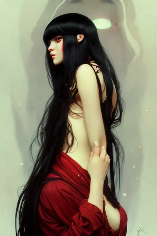 Image similar to a beautiful girl with long black hair and bangs, red eyes, fantasy, portrait, sharp focus, intricate, elegant, digital painting, artstation, matte, highly detailed, concept art, illustration, ambient lighting, art by ilya kuvshinov, artgerm, Alphonse mucha, and Greg Rutkowski