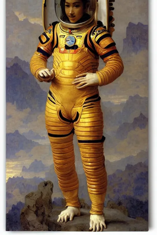 Prompt: portrait of a tiger astronaut with chinese dragon armor and helmet, majestic, solemn, by bouguereau