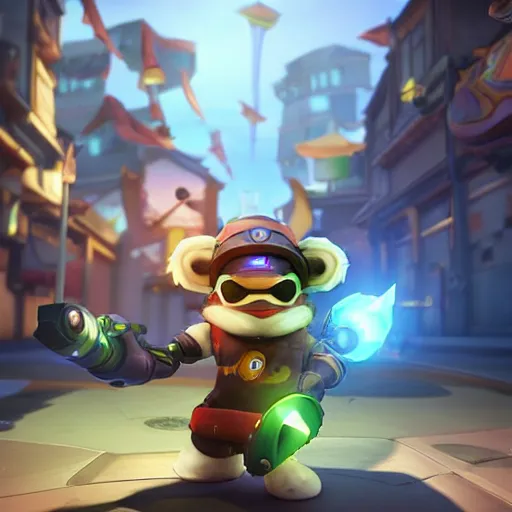 Image similar to teemo is the newest overwatch character, kings row in the background, octane render, blender render, unreal engine, standing pose, cinematic lighting, symmetrical