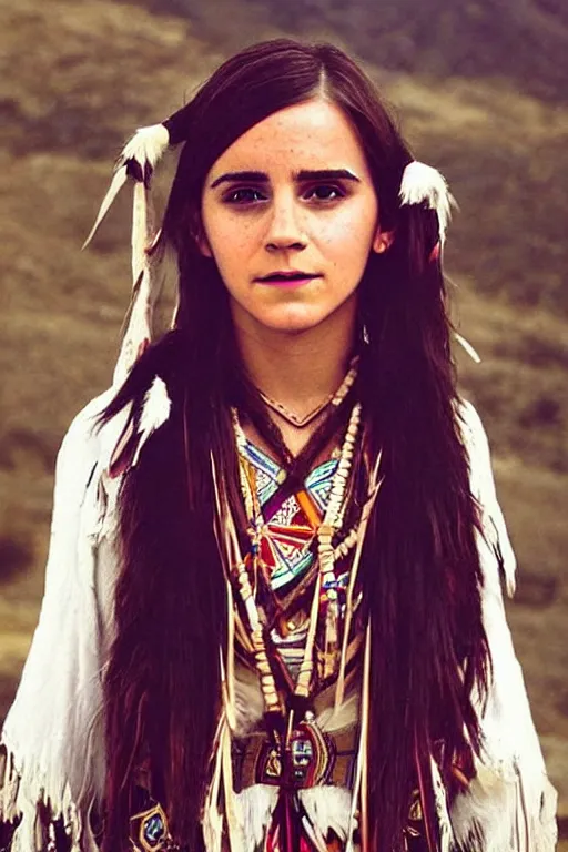 Image similar to “Photo of Native American indian woman Emma Watson, portrait, skilled warrior of the Apache, ancient, realistic, detailed, emma watson”