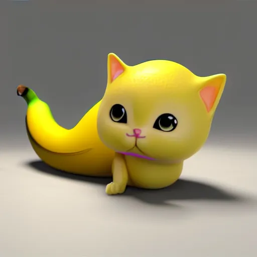 Image similar to cute banana cat, vray render, 50mm lens, bottom angle