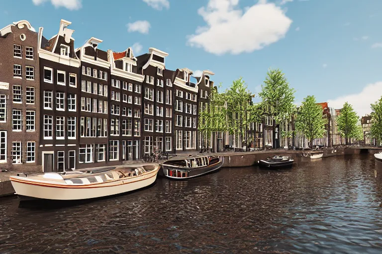 Image similar to view of houses in amsterdam, with water and boats, photography, 3 5 mm, hyper realistic, 8 k, unreal engine