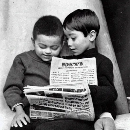 Image similar to photograph of a kid reading the newspaper to a cat, black and white, vintage photography