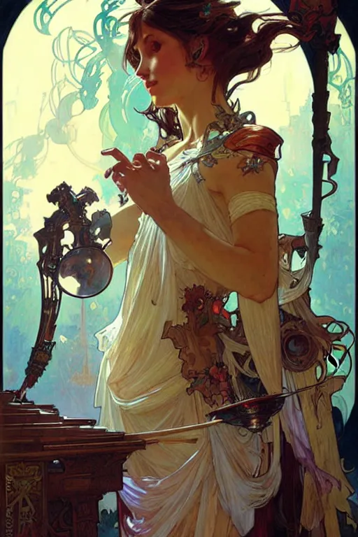 Image similar to A goddess playing video game, fantasy, painting by greg rutkowski and alphonse mucha