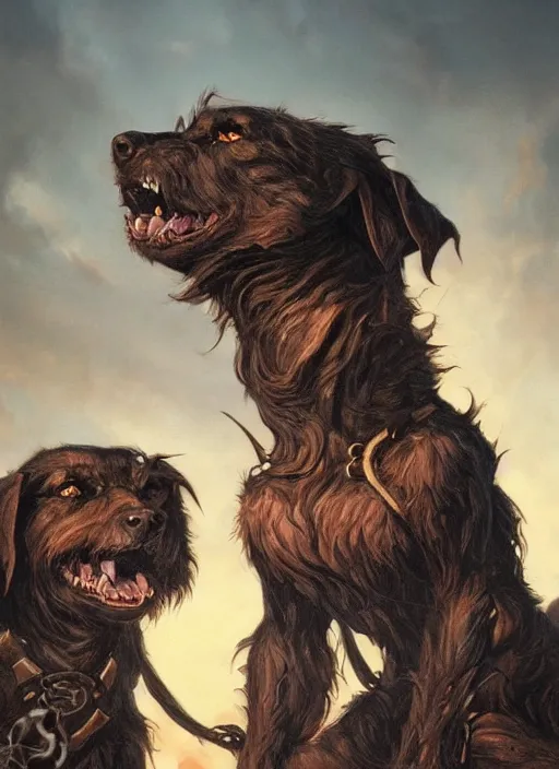 Image similar to cerberus three headed dog of the underworld, snarling hairy beast, sinister portrait, highly detailed, digital painting, artstation, concept art, matte, sharp focus, illustration, dramatic, cinematic sunset, hearthstone, art by artgerm and greg rutkowski and alphonse mucha