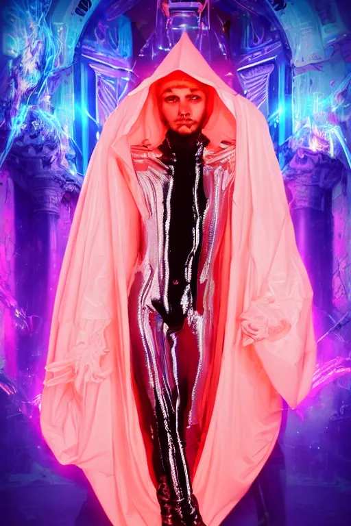 Image similar to full-body baroque and cyberpunk style neon statue of a attractive pale Zayn Malik as a humanoid diety wearing a thin see-through plastic hooded cloak sim roupa, posing like a superhero, glowing peach face, crown of pink lasers, large diamonds, swirling black silk fabric. futuristic elements. oozing glowing liquid, full-length view. space robots. human skulls. throne made of bones, intricate artwork by caravaggio. Trending on artstation, octane render, cinematic lighting from the right, hyper realism, octane render, 8k, depth of field, 3D