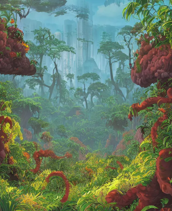 Image similar to simplicity, an simple structure made out of exotic fungus, overgrown with lush floral jungle, partly cloudy, hellscape, hell, fire, brimstone, lava, by dan mumford, yusuke murata, makoto shinkai, ross tran, cinematic, unreal engine, cel shaded, featured on artstation, pixiv