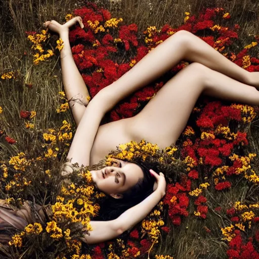 Image similar to full body fine art photo of the beauty gal gadot, she is lying down and covered by dried flowers, taken by oleg oprisco