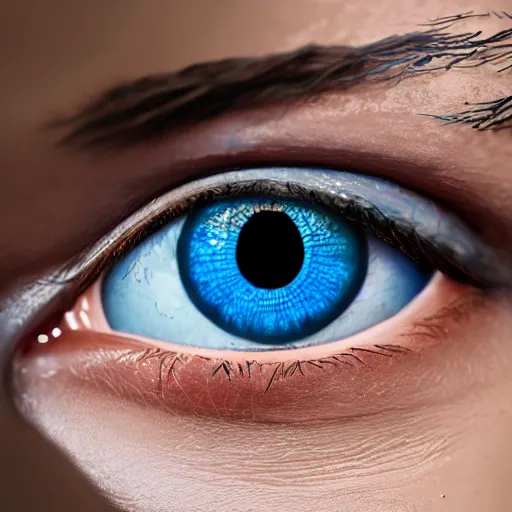 Image similar to a blue eye, realistic, award winning, detailed, 8k, HD, hyper realistic, octane render, close up, cycles render,