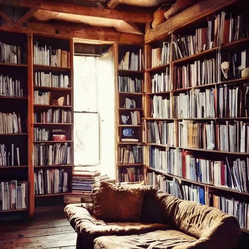 Prompt: cosy house interior with a lot of book everywhere, beautiful lighting, weird atmosphere