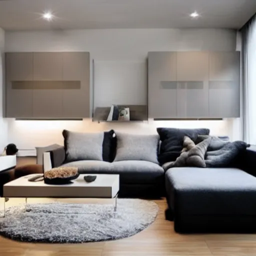 Image similar to modern minimalist interior design with a fluffy kitten