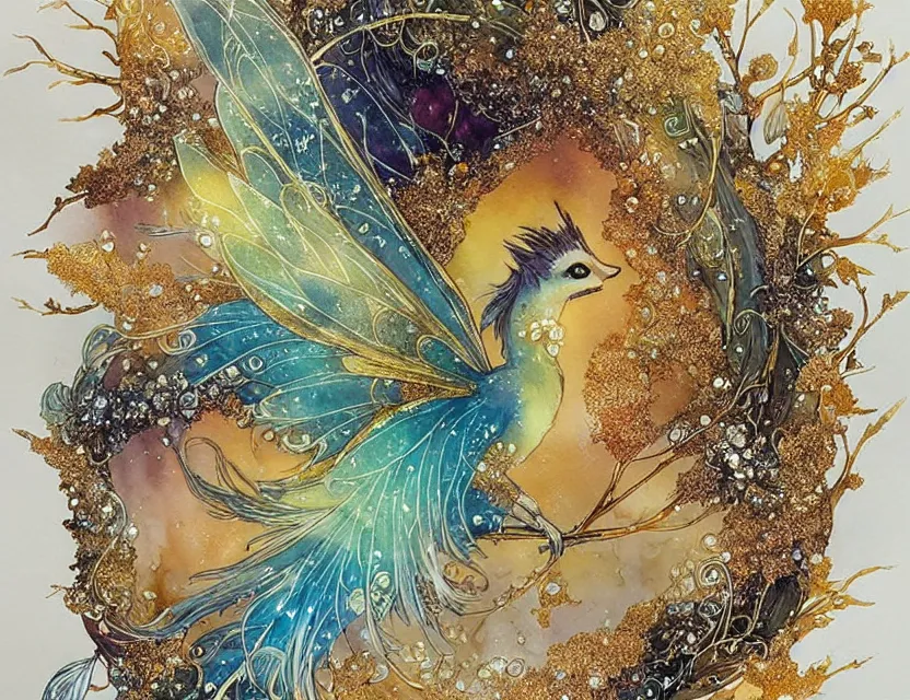 Prompt: faerie bird in a crystal cave. this watercolor and gold leaf work by the award - winning mangaka has a beautiful composition and intricate details.