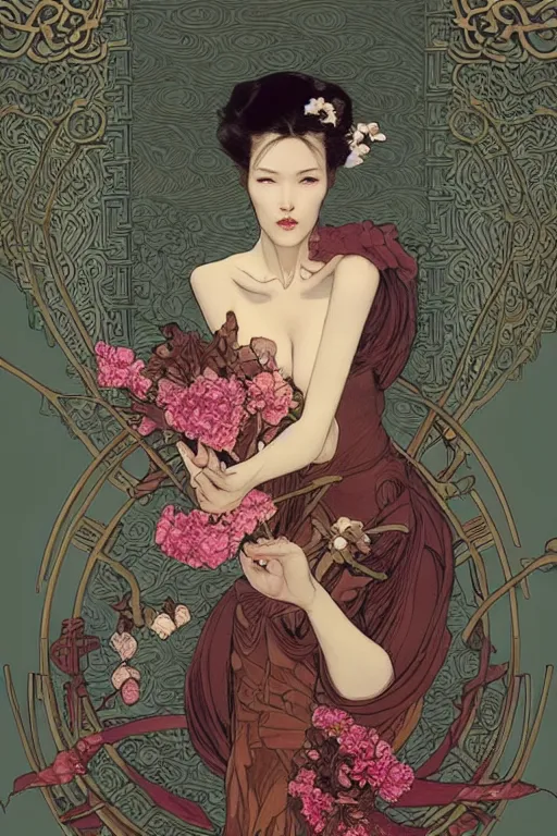 Prompt: full length portrait of a beautiful mysterious chinese humanoid holding bouquet of flowers by eve ventrue, michael carson, andreas rochas, john watkiss, casey weldon, artgerm. art nouveau. tarot card by mucha. gloomhaven. swirly intricate linework background. gaudy colors, sharp edges. octane render