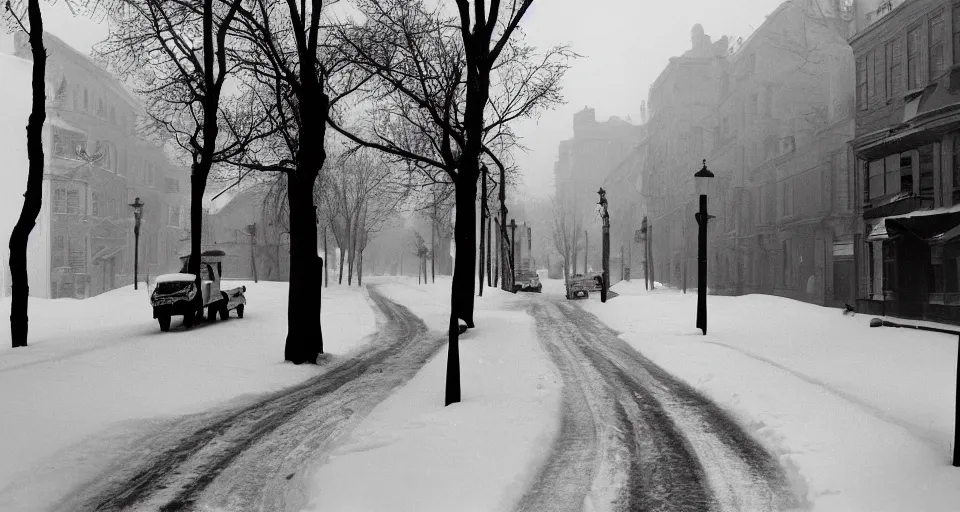 Prompt: image of a street in the winter, black and white photograph by andre kertesz