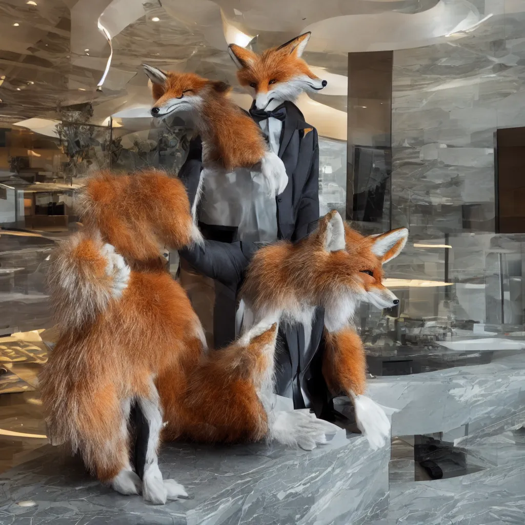 Image similar to anthropomorphic fox in suit sitting in the lobby of a futuristic hotel, anthro, furry