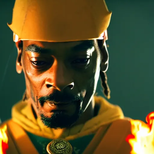 Image similar to cinematic film still of Snoop Dogg starring as a Samurai holding fire, Japanese CGI, VFX, 2022, 40mm lens, shallow depth of field, film photography