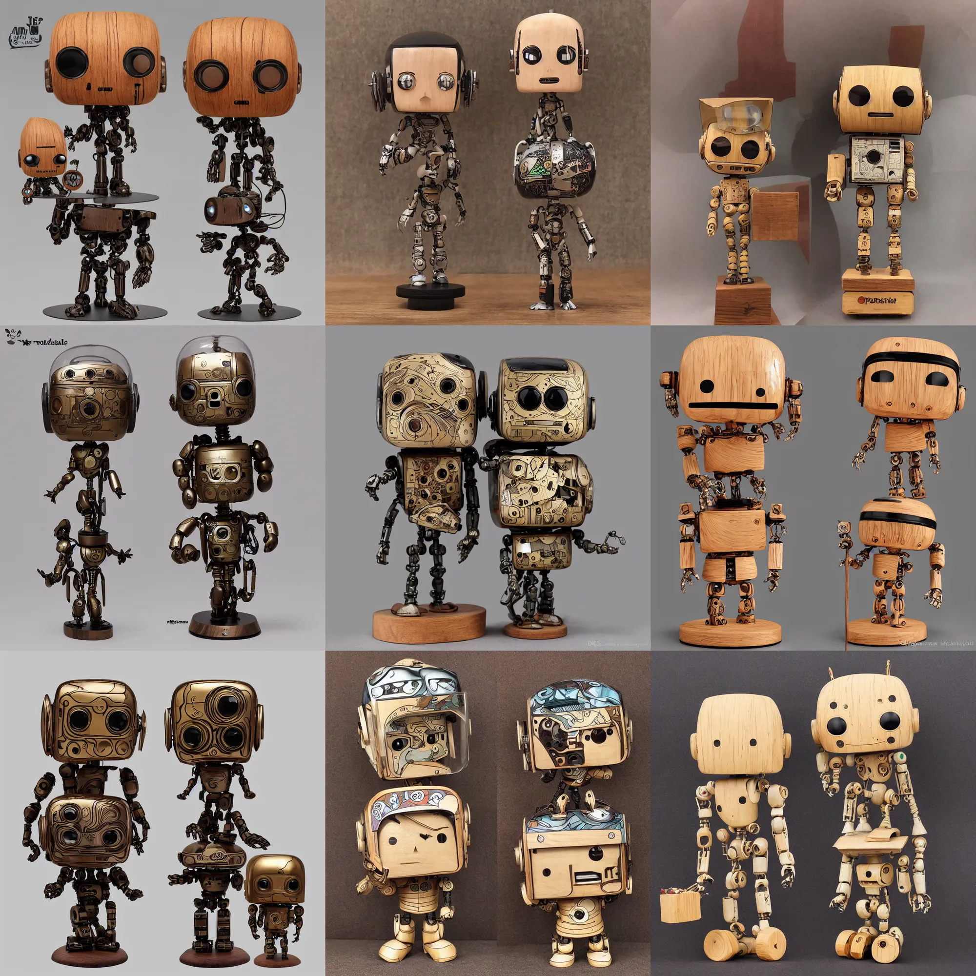 Prompt: realistic a wooden sculpture art toys collectible very cute android robot mascot pop collectible figure cyberpunk as a alphonse mucha funko