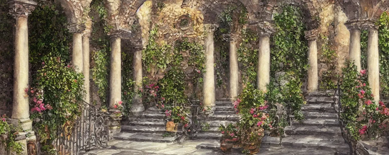 Prompt: courtyard walkway, fountain, castle, stairway, chairs, wrought iron, gate, botanic garden, botanical herbarium paper, oil colored painting, iridescent colors, realistic shaded, fine, artstation, italian style, colonnade ornate headdress, craving, carved, insanely detailed