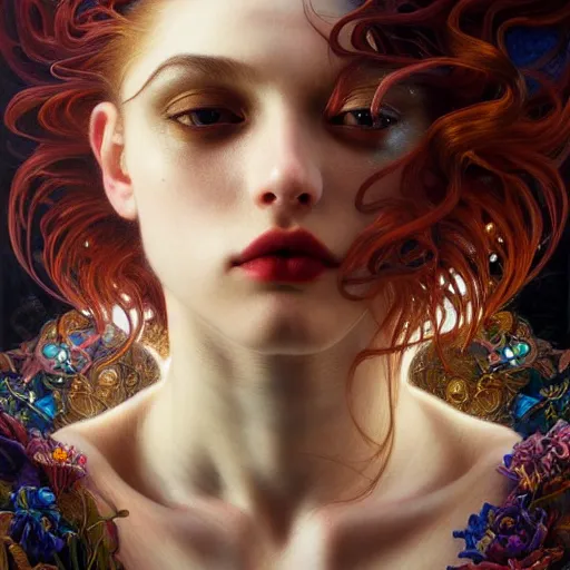 Prompt: portrait of a unique non-conventional young beauty, surreal, fantasy, intricate, elegant, dramatic lighting, emotionally evoking symbolic metaphor, highly detailed, lifelike, photorealistic, digital painting, artstation, concept art, smooth, sharp focus, illustration, art by John Collier and Krenz Cushart and Artem Demura and Alphonse Mucha and Albert Aublet