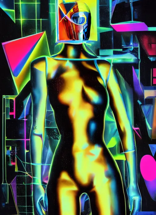 Image similar to futuristic lasers, data visualization, cyberpunk bodysuit, mask, laserpunk, visor, rain, wet, oiled, sweat, girl pinup, by steven meisel, james jean and rolf armstrong, geometric cubist perfect geometry abstract acrylic and hyperrealism photorealistic airbrush collage painting with retro and neon colors