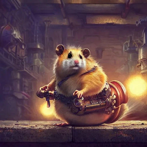 Image similar to oil painting of steampunk hamster on duck, , sharp focus, fantasy style, octane render, volumetric lighting, steampunk city, 8k high definition, by greg rutkowski, highly detailed, trending on art Station, explosions, magic the gathering artwork, centered