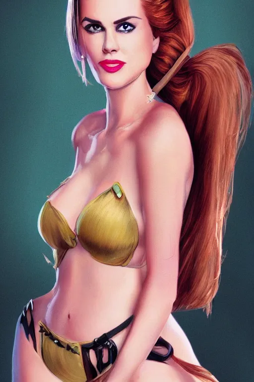 Image similar to mix of beautiful young maria shriver, mariel hemmingway, brooke shields, nicole kidman and elle macpherson as a dominatrix, thin lips, hair tied up in a pony tail, dark blonde hair, colorful, deviantart, artstation, cgsociety