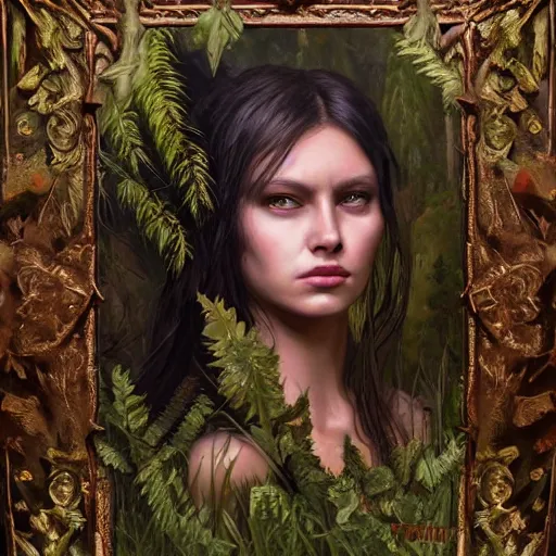 Image similar to dream oil painting portrait of fantasy female warrior, symmetrical face, beautiful face, shining eyes, crystals, covered in plants, standing in the mystical forest, realistic oil painting, baroque, renaissance painting, dramatic, cinematic light, trending on artstation, rule of thirds, highly detailed