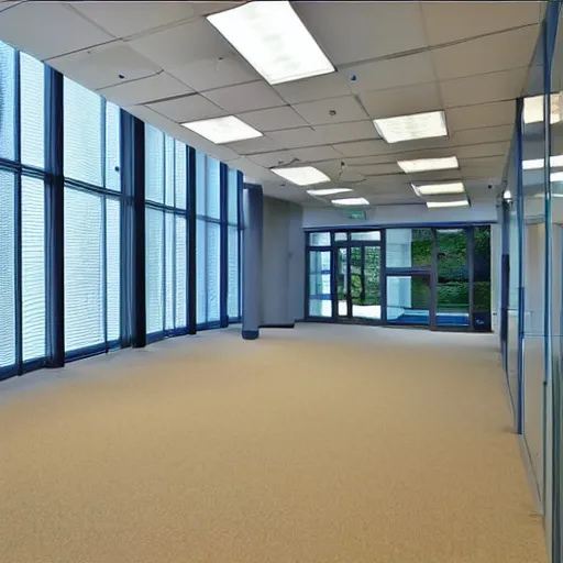 Image similar to corporate office building mailroom, large floor to ceiling windows, view of a beautiful unspoiled woodland