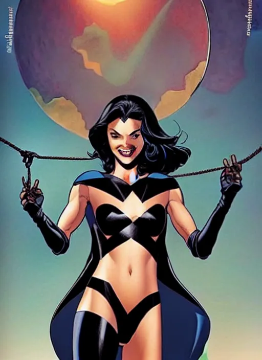 Prompt: Rafeal Albuquerque comic art, Joshua Middleton comic art, pretty female Phoebe Tonkin as Domino superhero marvel comics, fun smile, full body, long wavy black hair:: sunny weather::