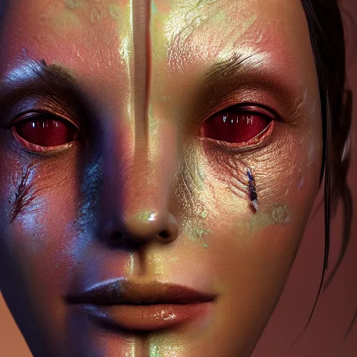 Image similar to a close up of a female face with plastic skin, sci-fi style, 3d digital art, high quality render, unreal engine 5, washed colors, Chie Yoshii, octane render,