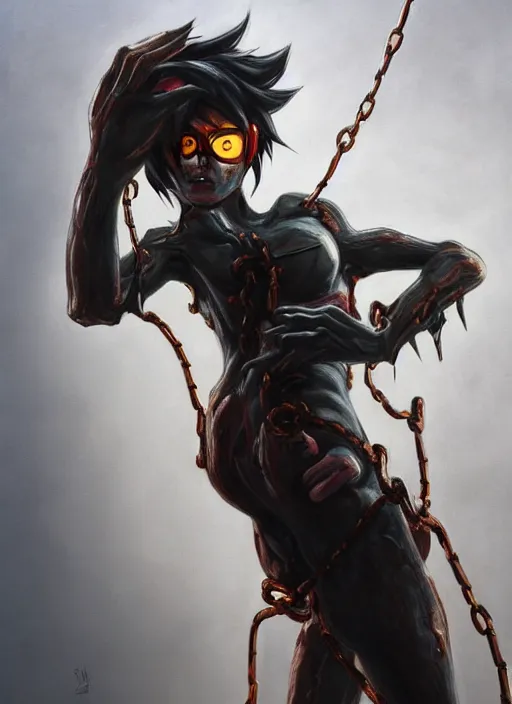 Image similar to full body horror painting of tracer from overwatch, in style of zdzisław beksinski, horror, 4 k, feminine facial features, silhoutte, black, dark, black armor, detailed face, tall, ropes and chains, scary, horror,