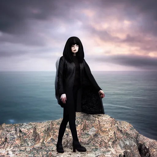 Prompt: 1 7 - year - old pale - skinned persian girl with black long bob cut, long hair, black gothic jacket, blue jeans, psychic girl, psychokinetic girl, standing on cliff along the irish coast, overcast gray skies, ultra - realistic, sharp details, subsurface scattering, intricate details, cold lighting, highly detailed, photorealistic, octane render, 8 k unreal engine