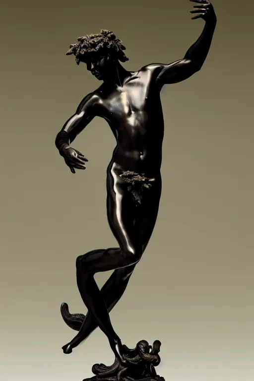 Image similar to intricate and detailed dancing Satyr statue made on polished obsidian by Antonio Corradini