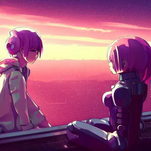 Prompt: android mechanical cyborg anime girl child overlooking overcrowded urban dystopia sitting. Pastel pink clouds baby blue sky. Gigantic future city. Raining. Makoto Shinkai. Wide angle. Distant shot. Purple sunset. Sunset ocean reflection. Pink hair. Pink and white hoodie. Cyberpunk. featured on artstation. cyborg wired knee.