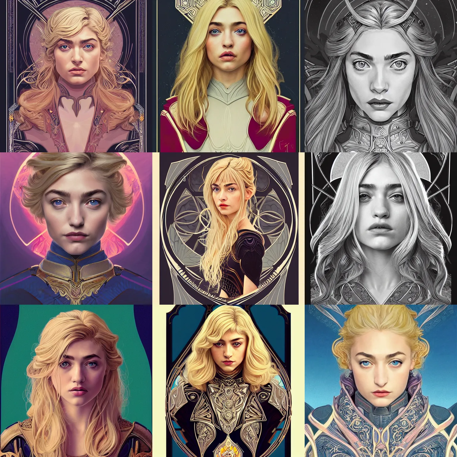 Prompt: front facing symmetrical centered portrait, Imogen Poots as a Paladin, blonde hair, Art Nouveau, beautiful retro Fantasy heroine 1985, movie poster, intricate, elegant, highly detailed, centered, digital painting, trending on artstation, concept art, smooth, sharp focus, illustration, art by raphael lacoste, eddie mendoza, alex ross, WLOP