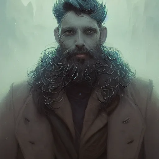 Image similar to highly detailed portrait from a gothic man with designer beard, stephen bliss, unreal engine, fantasy art by greg rutkowski, loish, rhads, ferdinand knab, makoto shinkai and lois van baarle, ilya kuvshinov, rossdraws, tom bagshaw, global illumination, radiant light, detailed and intricate environment