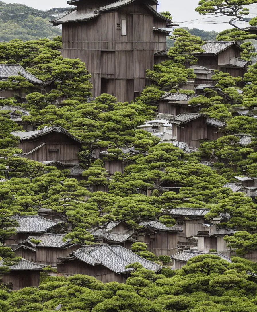 Image similar to a rural 1800s japanese home in the middle of a futuristic city