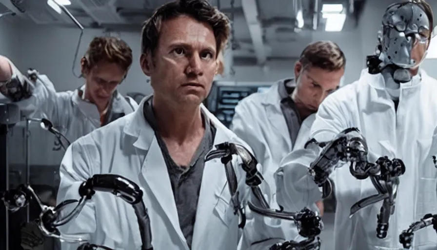 Image similar to big budget action movie about scientists building a cyborg.