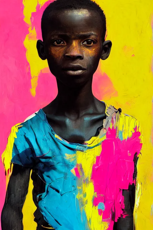 Image similar to portrait of a african young boy nor living in a death postapoliptic world, painted in acrylic, pigment, in the colors hot pink and cyan, beautiful realistic face, rule of thirds, soldier outfit, spotlight, by greg rutkowski, by jeremy mann, by francoise nielly, by van gogh, by ross tran, digital painting