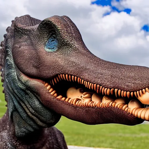 Image similar to dinosaur smoking a cigarette realistic 8 k hdr 3 5 mm