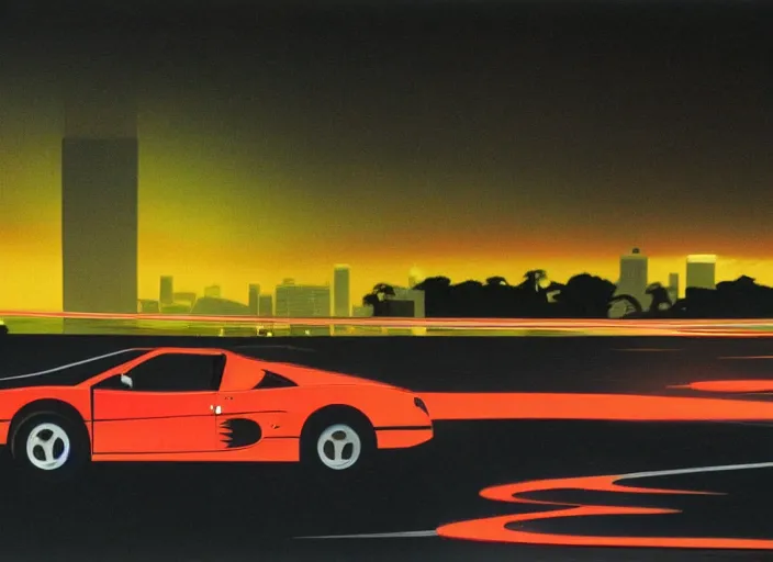 Image similar to jc denton driving a ferrari testarossa through miami at night, in the style of syd mead