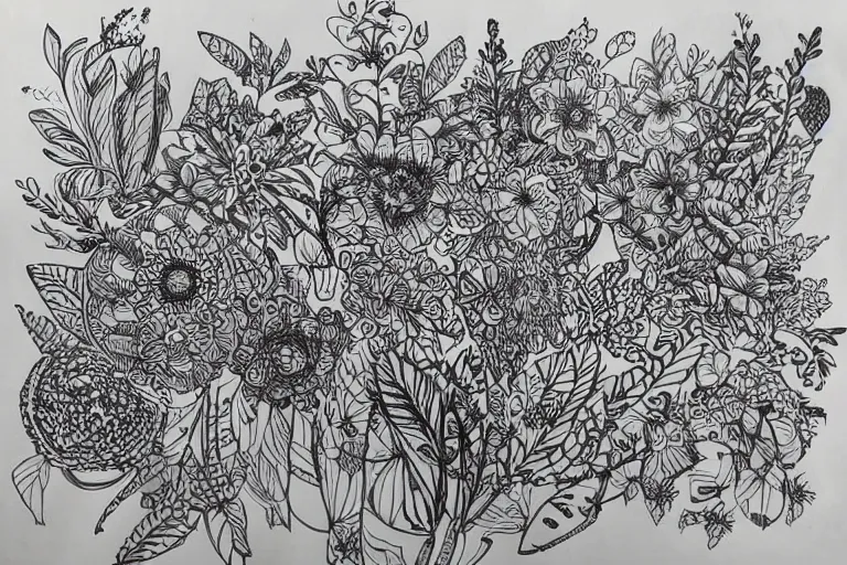 Image similar to floral and plants doodle art, intricate pen and ink drawing