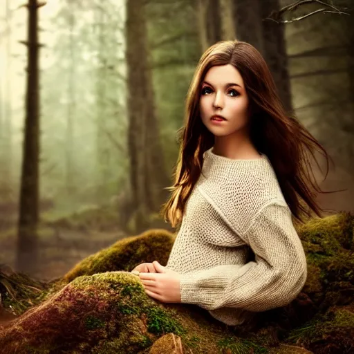 Image similar to real life photo of a beautiful girl, full body photoshoot, long brown hair, brown eyes, full round face, short smile, belly free, sweater, forest setting, cinematic lightning, medium shot, mid - shot, highly detailed, trending on artstation, unreal engine 4 k, 8 0 mm, 8 5 mm, cinematic wallpaper